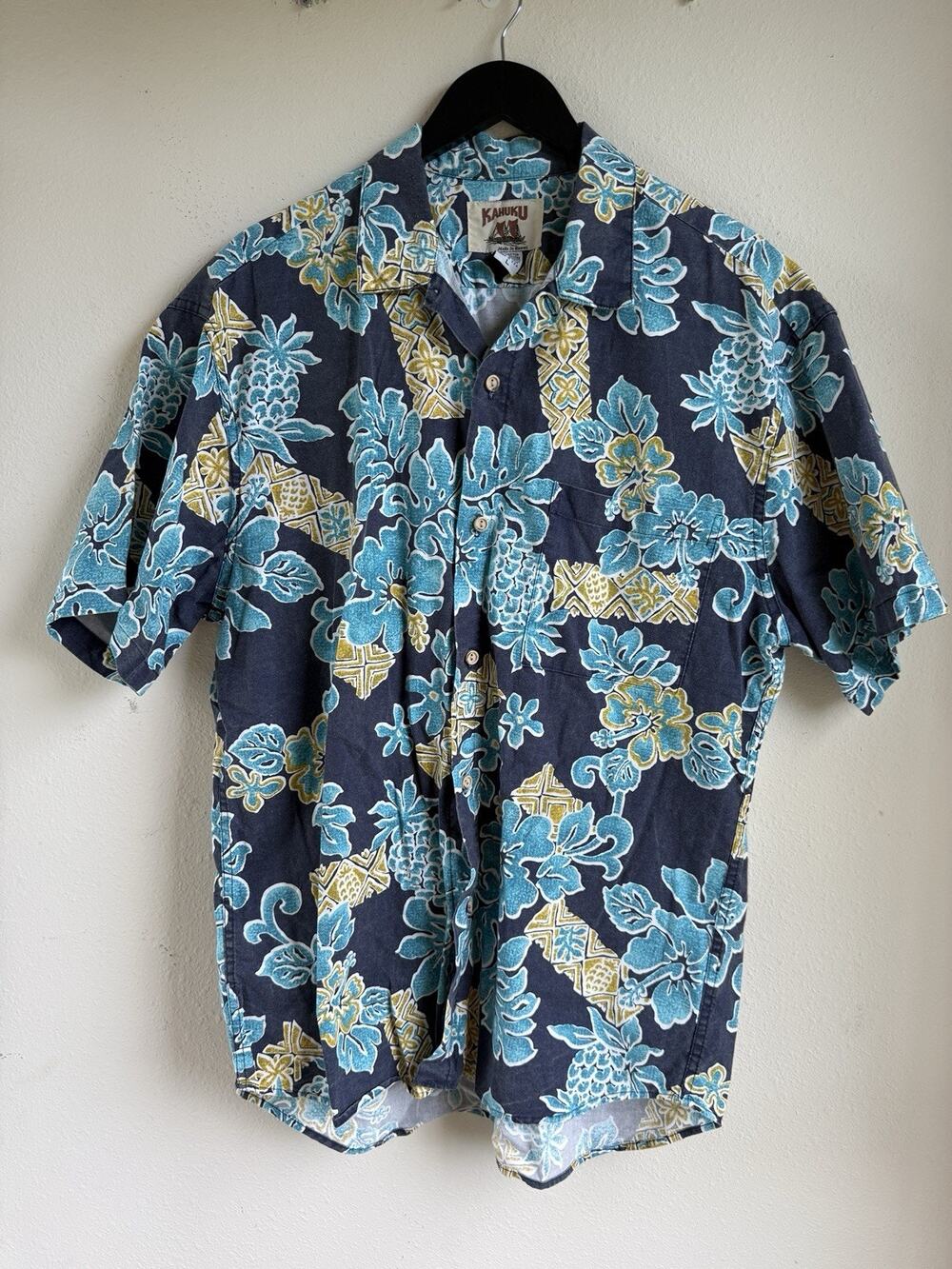 Kahuku Hawaii Mens Hawaiian Shirt XL Button Up Blue Tropical Pocket Cotton